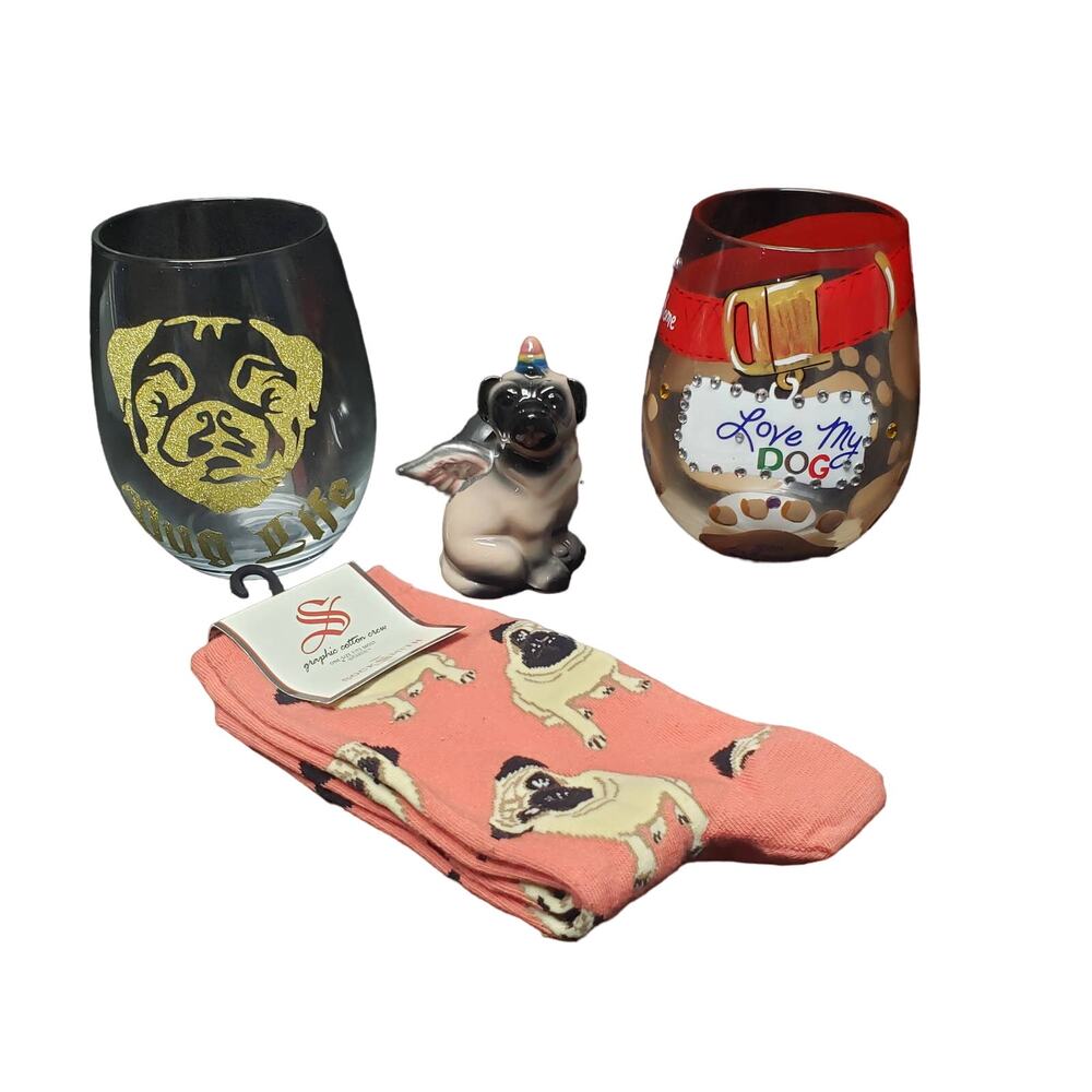 Lolita Love My Dog & Pug Life Wine Glasses Pug Decor & BNWT Socks | Doggy Lover